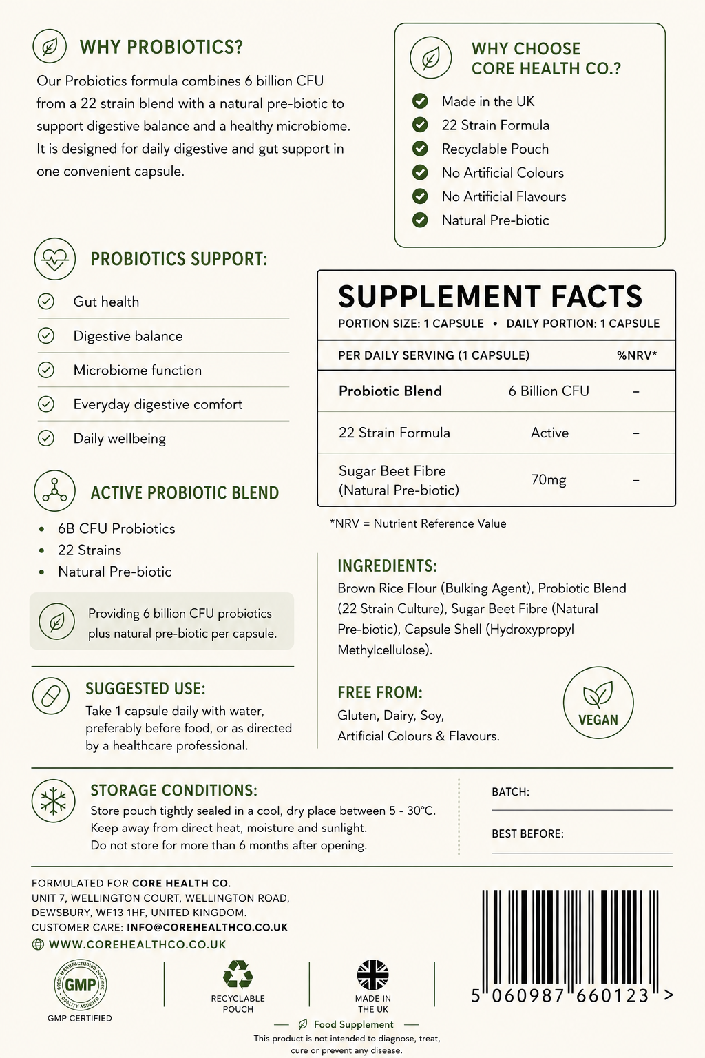 Probiotic Live Cultures + Prebiotic | 6 Billion CFU Daily Formula